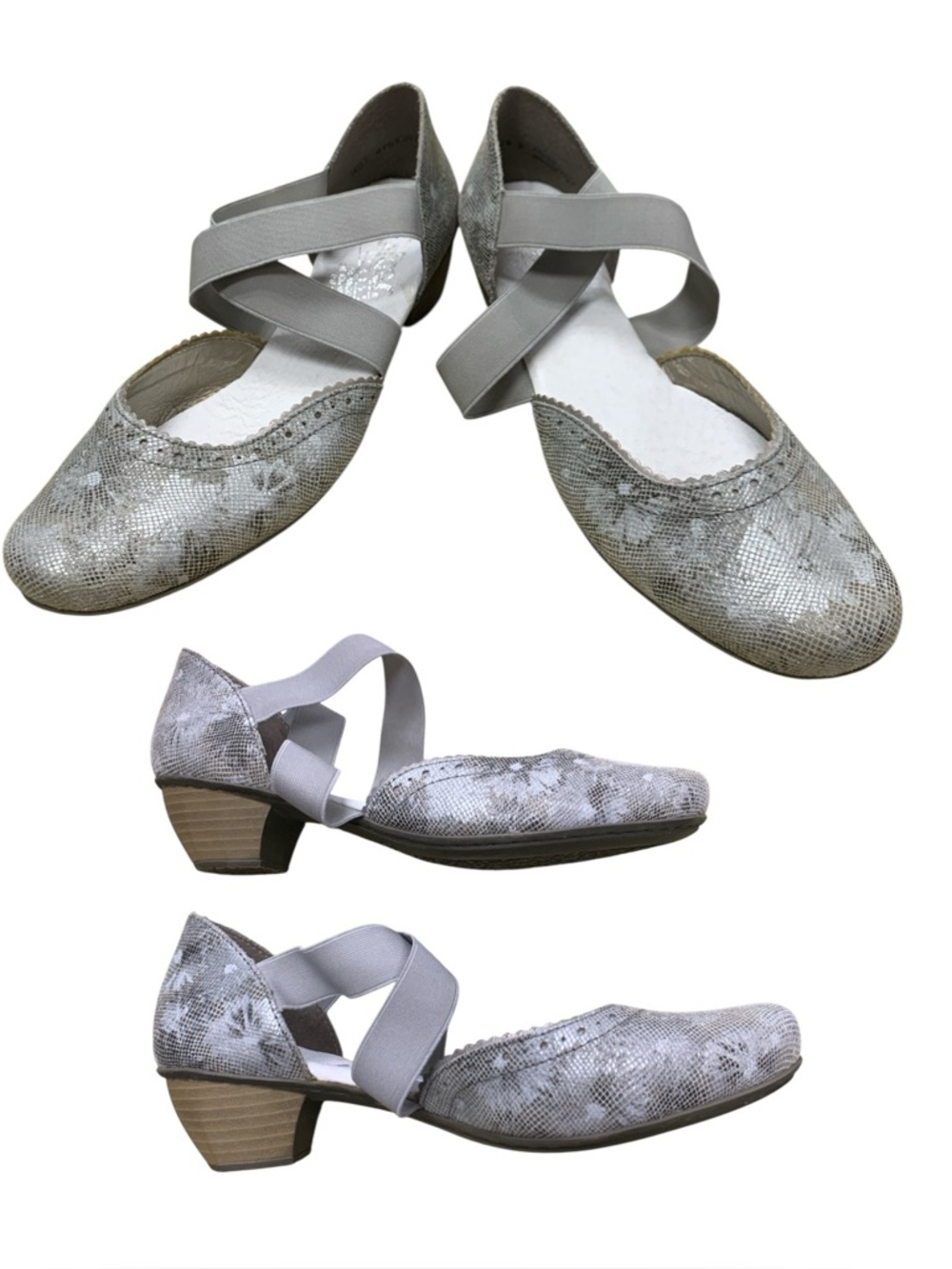 Rieker Silver Floral-Textured Cross-Strap Low Heel Shoes S9.5